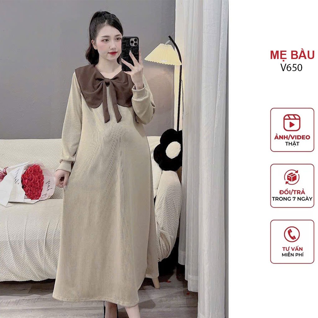 ĐẦM VÁY BẦU THU ĐÔNG DÀI TAY CỔ SƠ MI CÁCH ĐIỆU CHẤT LEN GÂN ĐẸP - ĐẦM BẦU SUÔNG FREESIZE