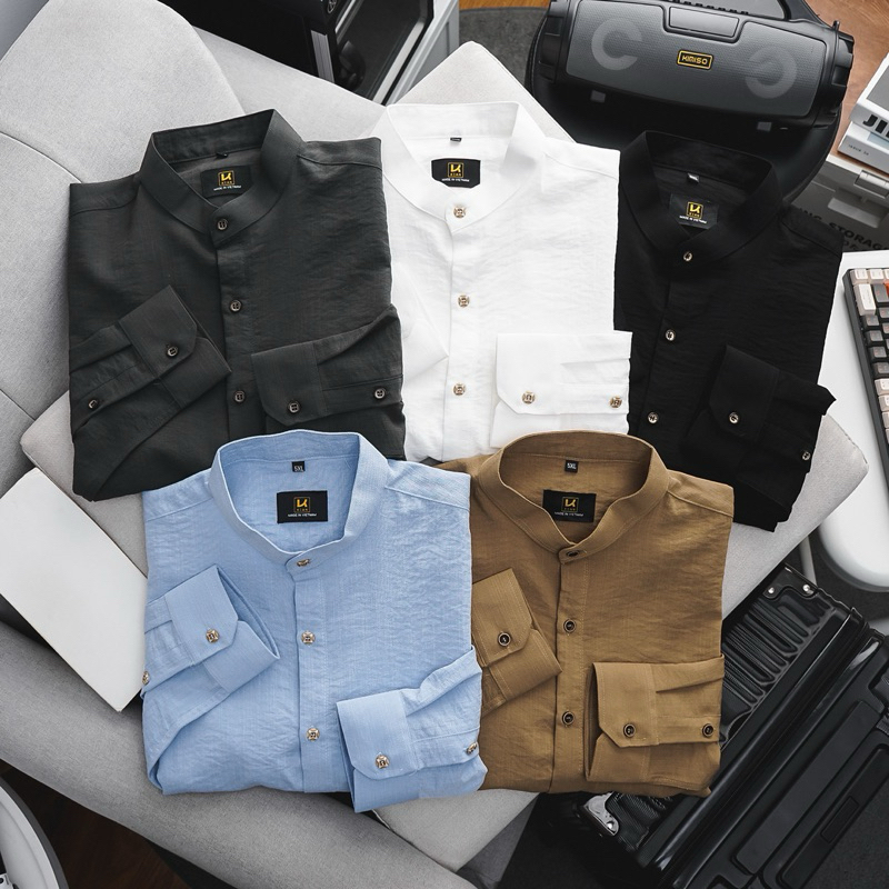 Áo sơ mi nam đũi cổ trụ tay dài Bigsize < 115kg