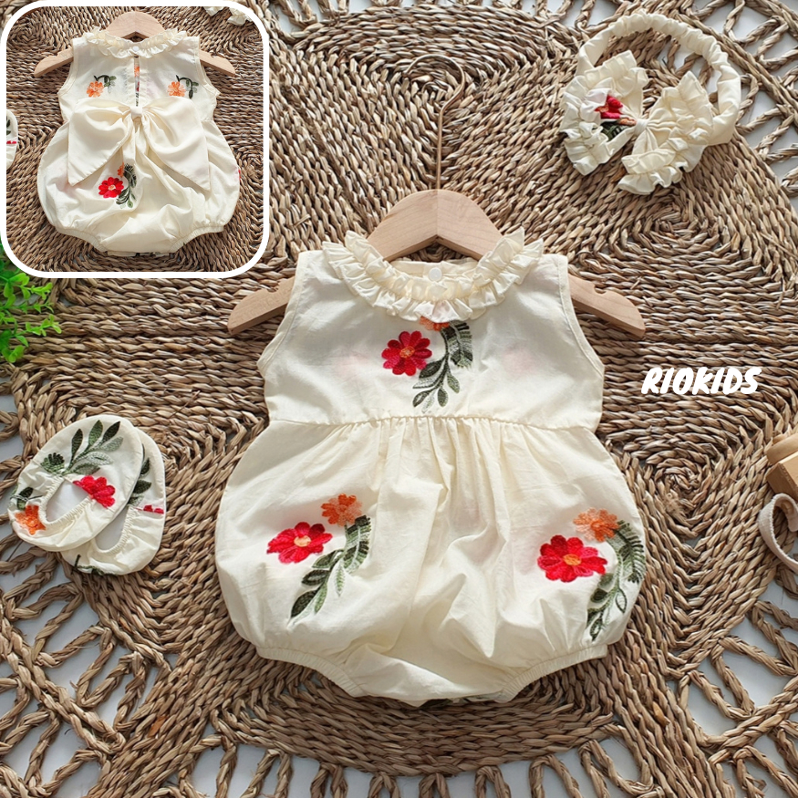 Bodysuit áo liền quần RIOKIDS thêu hoa nổi cho bé gái sơ sinh BD106