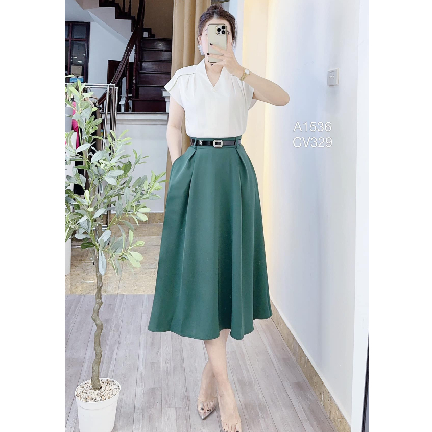 Chân váy xòe nhúm 4 ly dáng dài che bụng tối có túi 2 bên cạp đỉa kèm đai dài 70cm