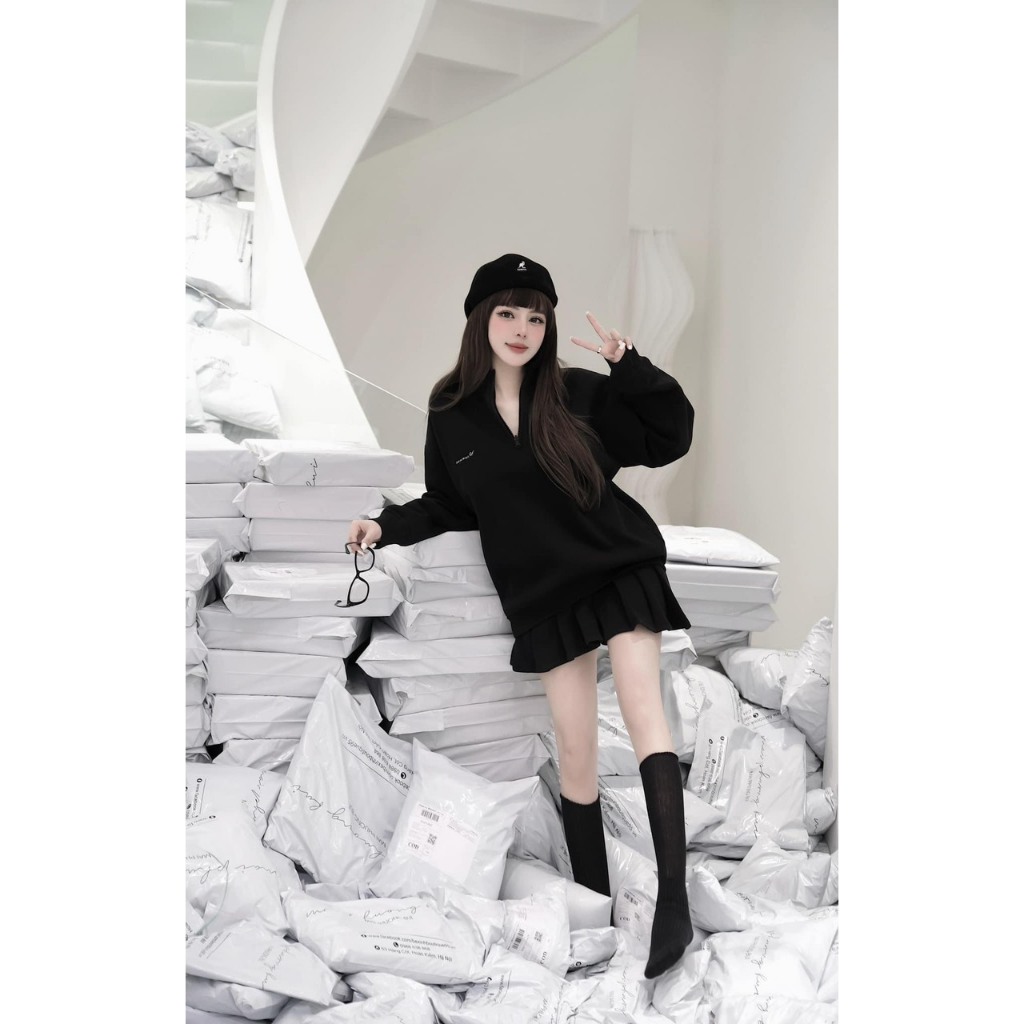 Sét bộ nỉ nữ chất nỉ bông áo dáng suông cổ khóa phối chân váy xếp li cạp chun thêu ngực năng động trẻ trung hàngfullsize