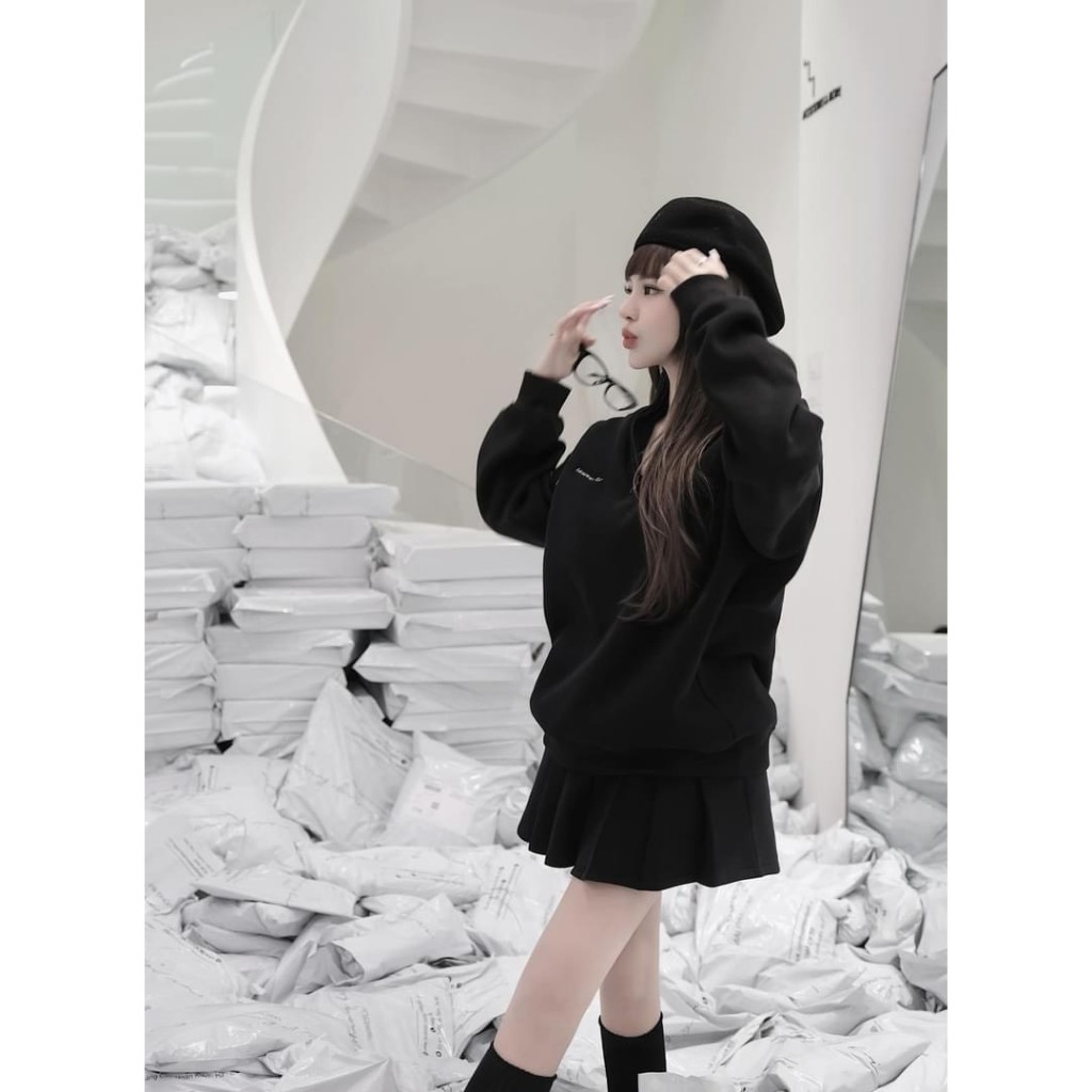 Sét bộ nỉ nữ chất nỉ bông áo dáng suông cổ khóa phối chân váy xếp li cạp chun thêu ngực năng động trẻ trung hàngfullsize