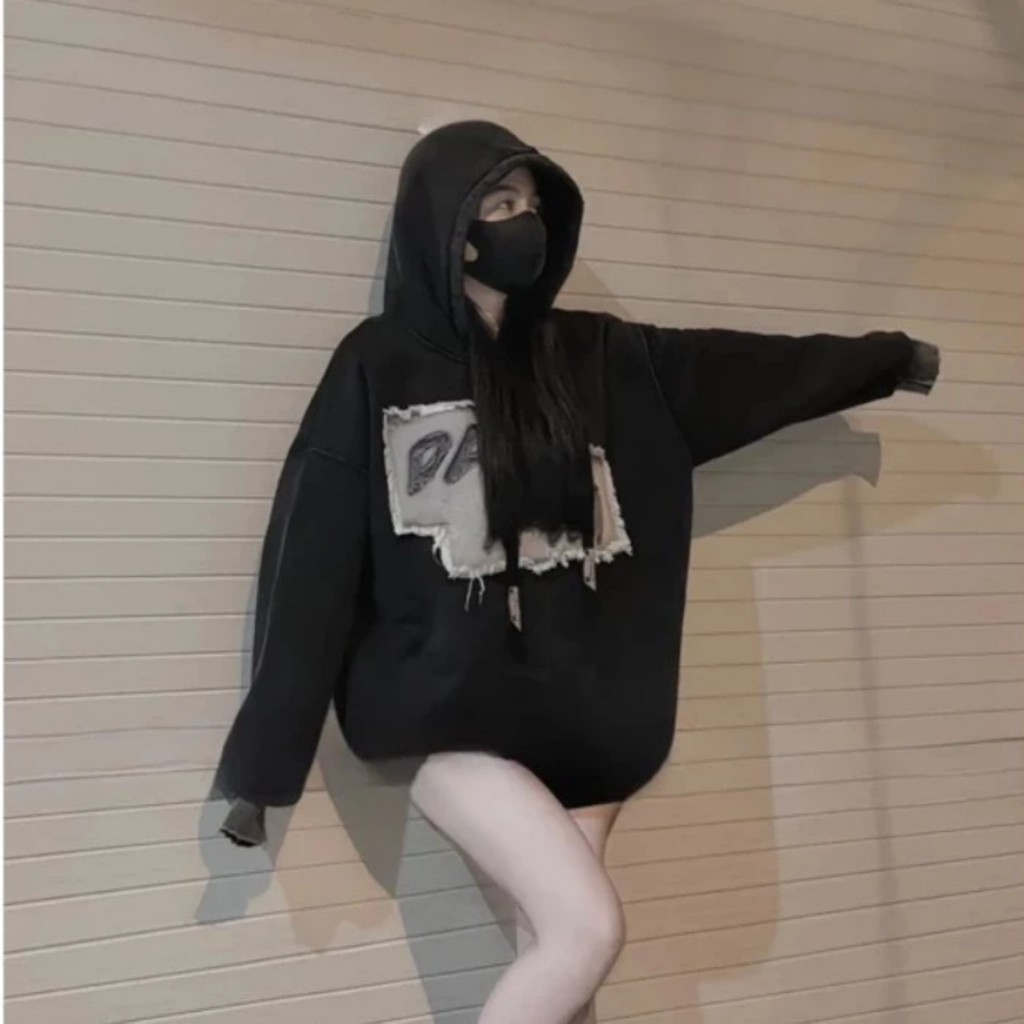 Áo Hoodie Nỉ Nam Nữ Đáp Vải Bò Rách Chữ DATA Chất Dày Dặn Siêu Ấm Áp Thời Trang Hàn Quốc