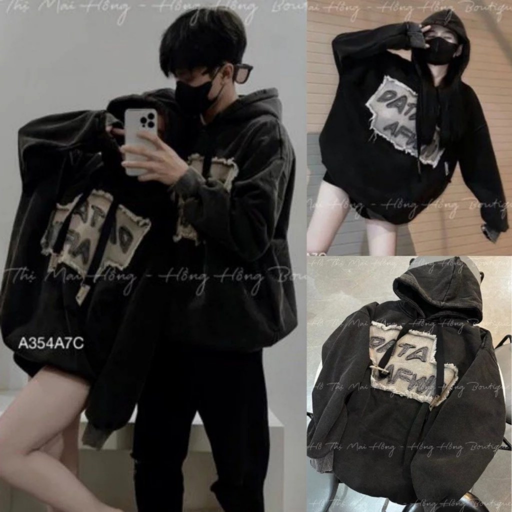 Áo Hoodie Nỉ Nam Nữ Đáp Vải Bò Rách Chữ DATA Chất Dày Dặn Siêu Ấm Áp Thời Trang Hàn Quốc