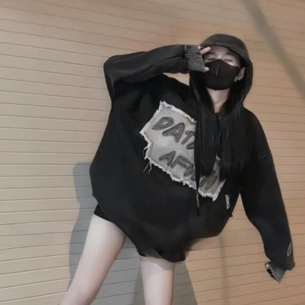 Áo Hoodie Nỉ Nam Nữ Đáp Vải Bò Rách Chữ DATA Chất Dày Dặn Siêu Ấm Áp Thời Trang Hàn Quốc