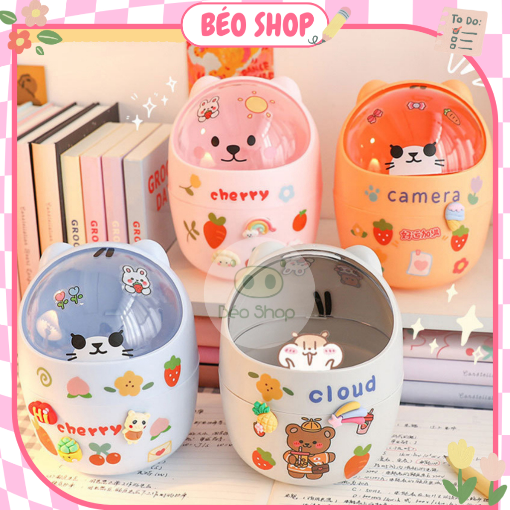 Thùng rác mini để bàn Pkbeoshop ống bút tròn hình gấu có nắp tặng kèm sticker dễ thương