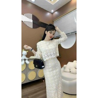 Set áo tay dài cổ tròn <chân váy suông dài (chất ren tầng sóng) tôn dáng cho các nàng