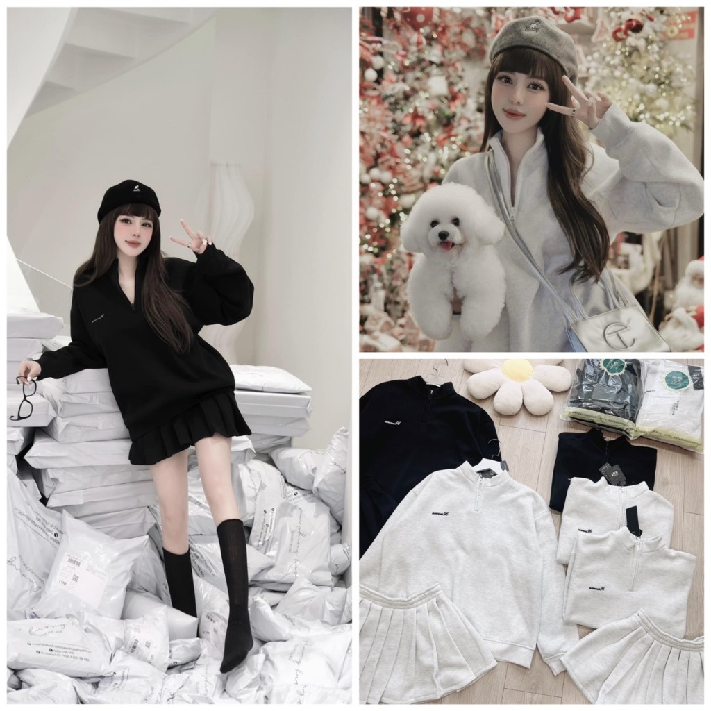 Sét bộ nỉ nữ chất nỉ bông áo dáng suông cổ khóa phối chân váy xếp li cạp chun thêu ngực năng động trẻ trung hàngfullsize