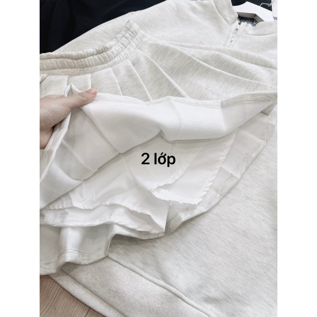 Sét bộ nỉ nữ chất nỉ bông áo dáng suông cổ khóa phối chân váy xếp li cạp chun thêu ngực năng động trẻ trung hàngfullsize