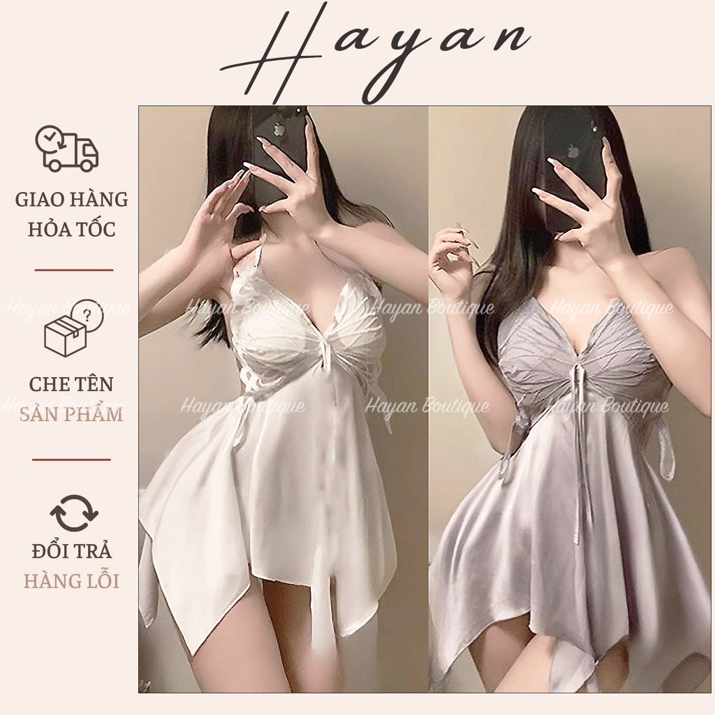HT69 Váy ngủ sexy phối ren cánh bướm kèm ĐỆM LÓT, đồ ngủ lụa dáng xoè tôn dáng HT69