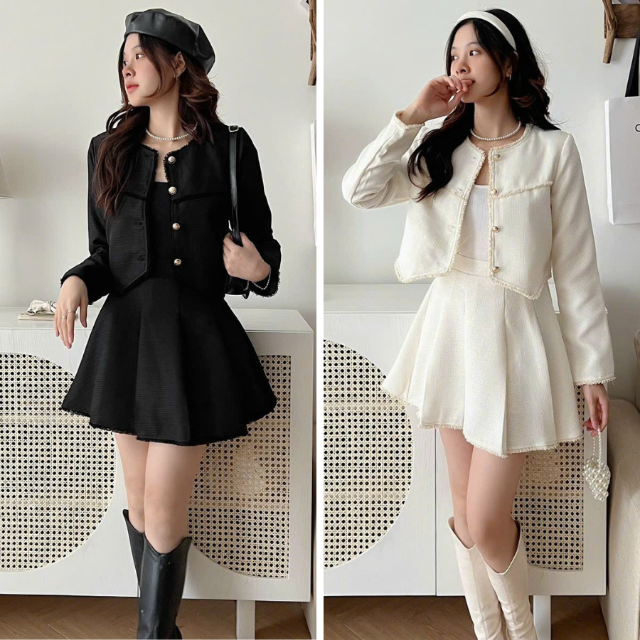 Set áo khoác dạ kẻ cadigan tay dài dáng croptop kèm chân váy xếp ly ngắn, Set đồ nữ áo dạ cadigan kèm chân váy tennis