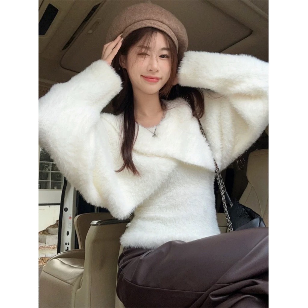 Áo len lông thỏ trễ vai, sét áo yếm len lông thỏ mặc hai kiểu hàn quốc