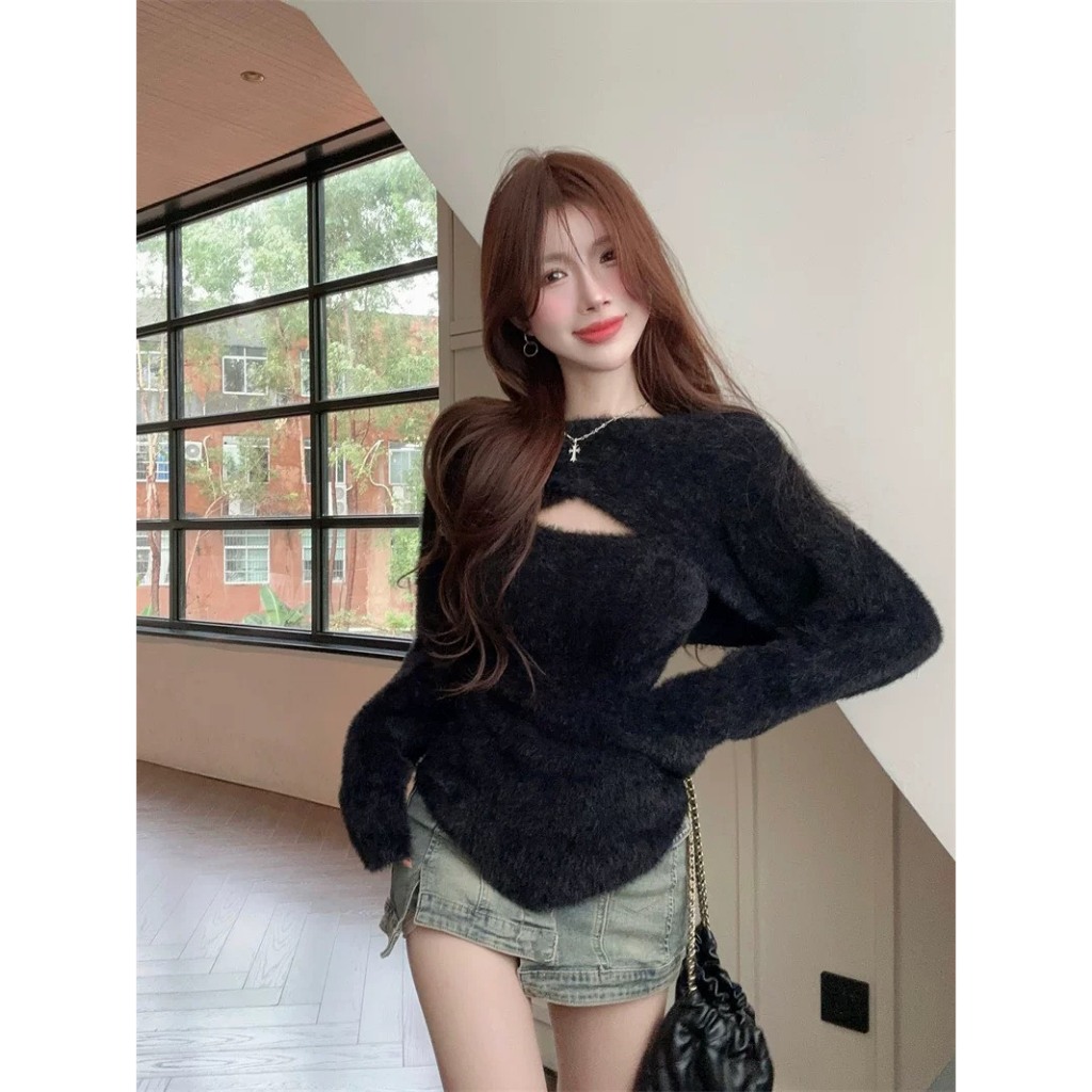 Áo len lông thỏ trễ vai, sét áo yếm len lông thỏ mặc hai kiểu hàn quốc
