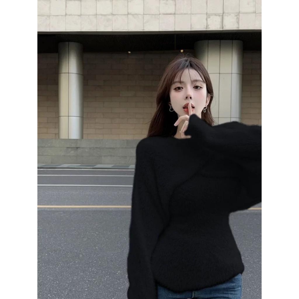 Áo len lông thỏ trễ vai, sét áo yếm len lông thỏ mặc hai kiểu hàn quốc