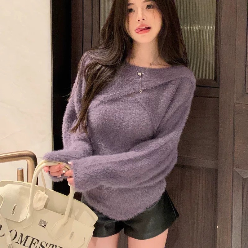 Áo len lông thỏ trễ vai, sét áo yếm len lông thỏ mặc hai kiểu hàn quốc