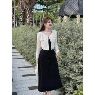 {sale12.12} Set đầm nữ áo khoác dạ lenin đính nút phối túi kèm đầm dài cotton lạnh siêu xinh