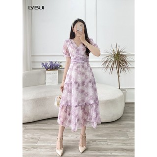 Váy hoa tím chun tay xếp ly eo tím ly bui ida89st