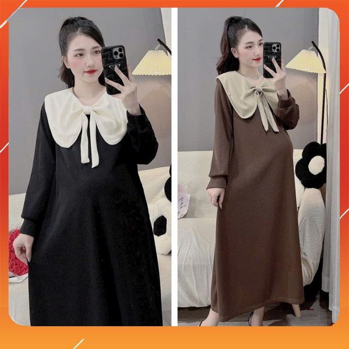 ĐẦM VÁY THU ĐÔNG DÀI TAY CHẤT LEN GÂN ĐẸP DÁNG SUÔNG TRẺ TRUNG - ĐẦM BẦU XINH HÀNG THIẾT KẾ