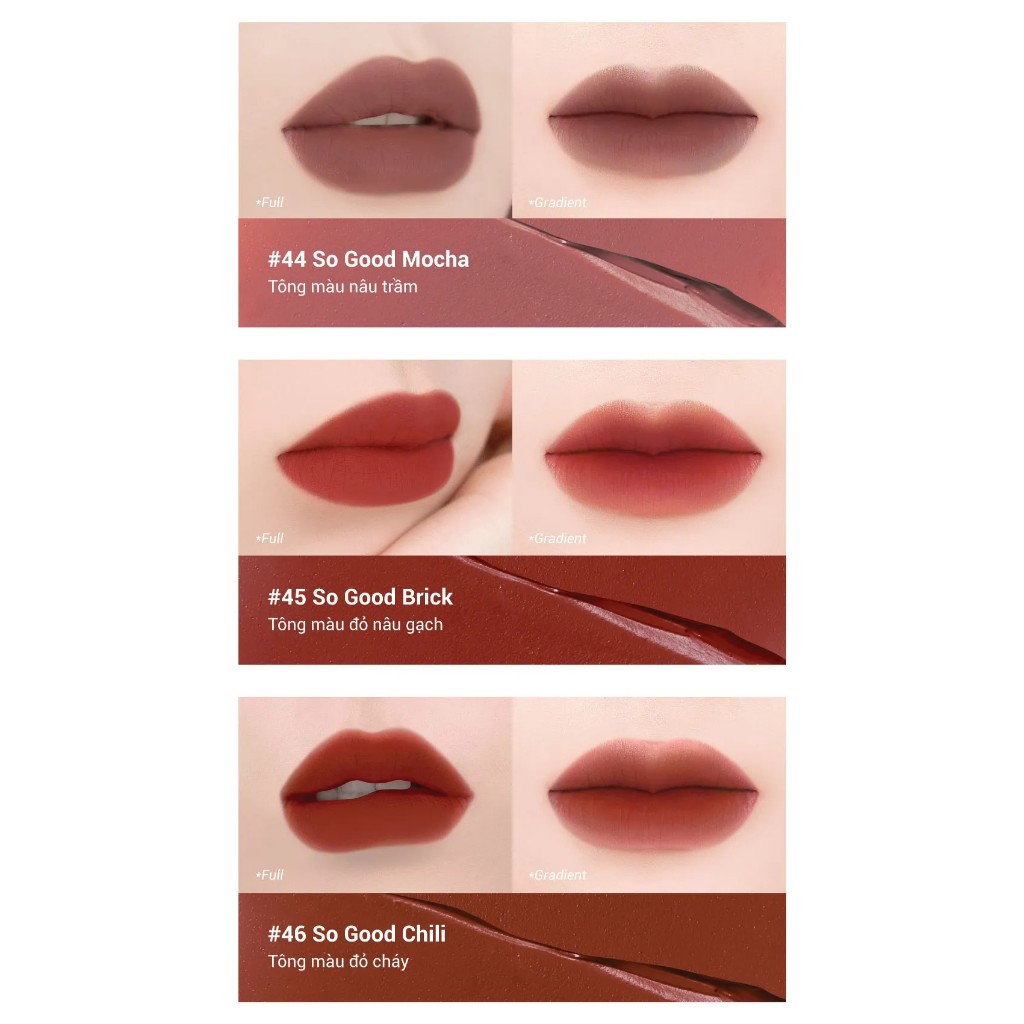 Son Kem Lì Bbia Last Velvet Lip Tint Dusk Edition màu 44 45 46 lên màu đỏ nâu gạch, màu sôn đỏ cháy