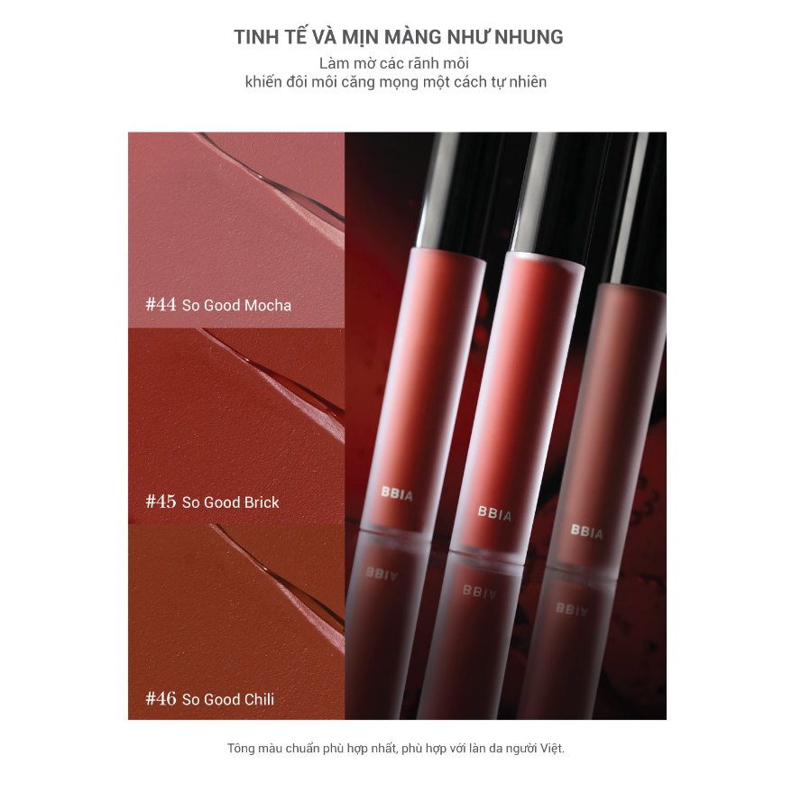 Son Kem Lì Bbia Last Velvet Lip Tint Dusk Edition màu 44 45 46 lên màu đỏ nâu gạch, màu sôn đỏ cháy