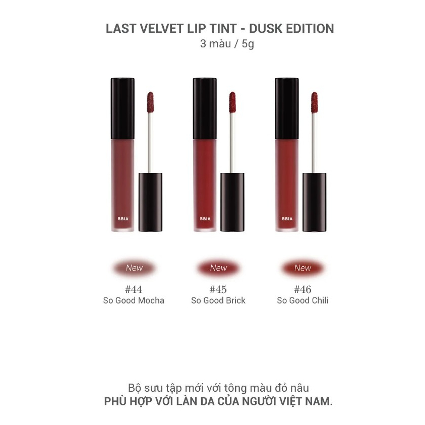 Son Kem Lì Bbia Last Velvet Lip Tint Dusk Edition màu 44 45 46 lên màu đỏ nâu gạch, màu sôn đỏ cháy