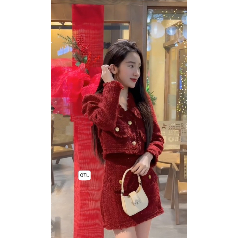 Set Dạ Tweed Đỏ Tua Rua Hàng Thiế Kế Cao Cấp