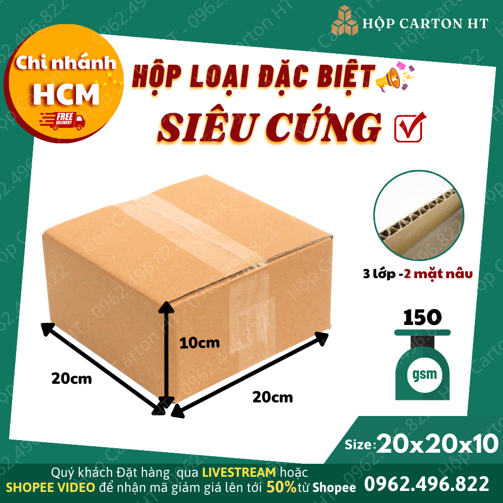 Hộp carton đóng hàng 20x20x10 đựng đồ gia dụng, đồ ăn vặt snack, mỹ phẩm giá rẻ - Hộp Carton HT