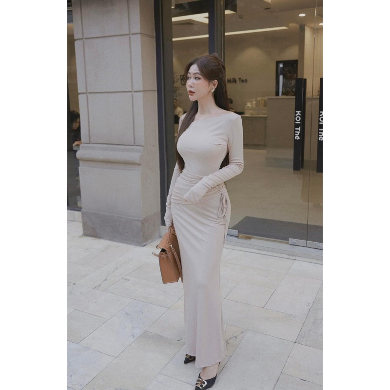 Đầm body nữ dáng maxi dài với thiết kế tay dài cổ thuyền rút dây eo 𝑬𝒅𝒊𝒏𝒂 𝑫𝒓𝒆𝒔𝒔