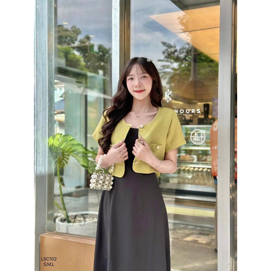 Set đầm dài 2 dây kèm khoác bố hồng CHIBEST LSC102