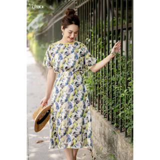 Váy lụa xanh viền cổ vàng dáng xòe công sở ly bui at14-xanh