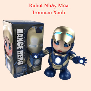 Robot nhảy múa đồ chơi robot cho bé hình người sắt ironman xanh có nhạc vui nhộn đèn sáng lấp lánh