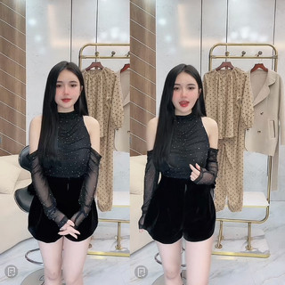 Áo lưới đính đá trễ vai