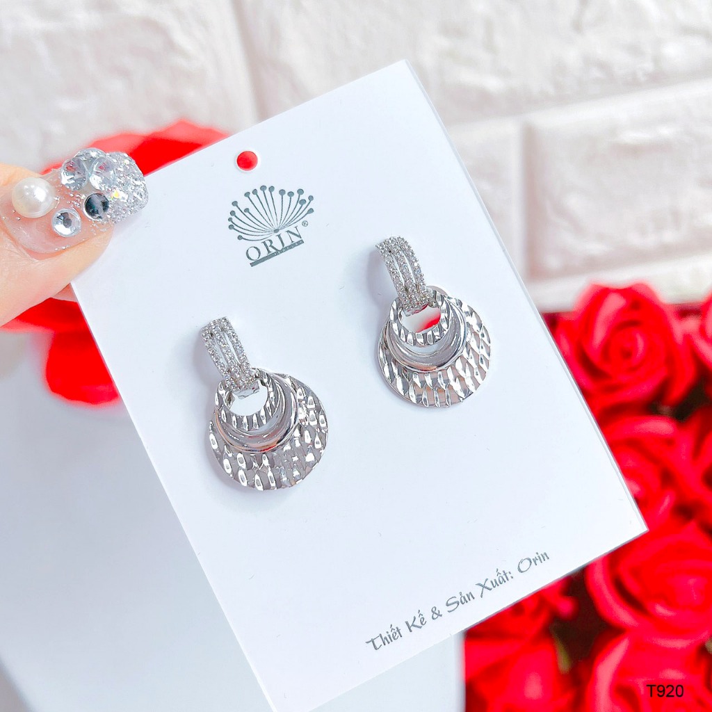 Bông tai trắng 2 lớp tròn khắc chạm thiết kế cao cấp Orin T920