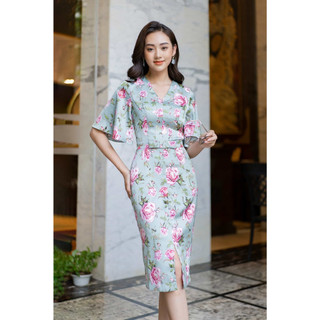 Váy Lụa Xanh Hoa Hồng Nơ Eo Ly Bui AT03_1