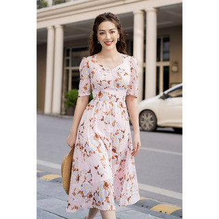Váy hồng hoa nâu nhún ngực ly bui at04_1