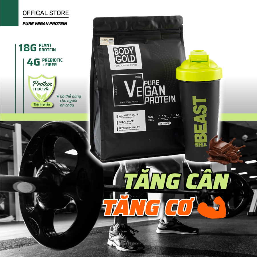 Sữa Tăng Cân Tăng Cơ [CÓ BÌNH LẮC] Protein thực vật Pure Vegan Protein Body Gold Túi 1kg  ctv ib