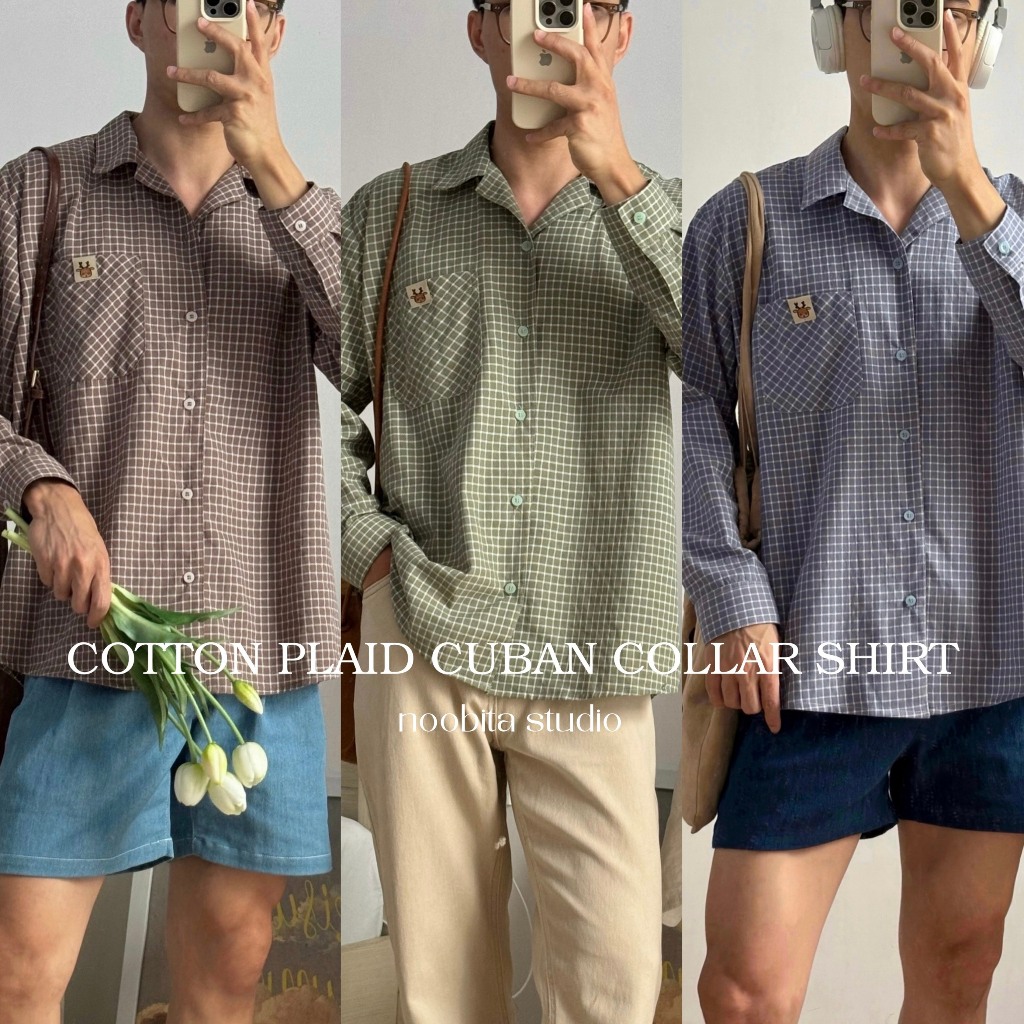 NOOBITA - Sơ mi kẻ caro cuban shirt tay dài vải cotton 8066