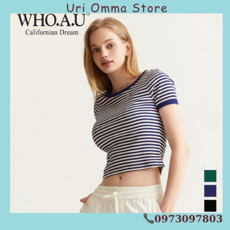 Áo phông cộc kẻ whoau croptop thêu gấu chính hãng