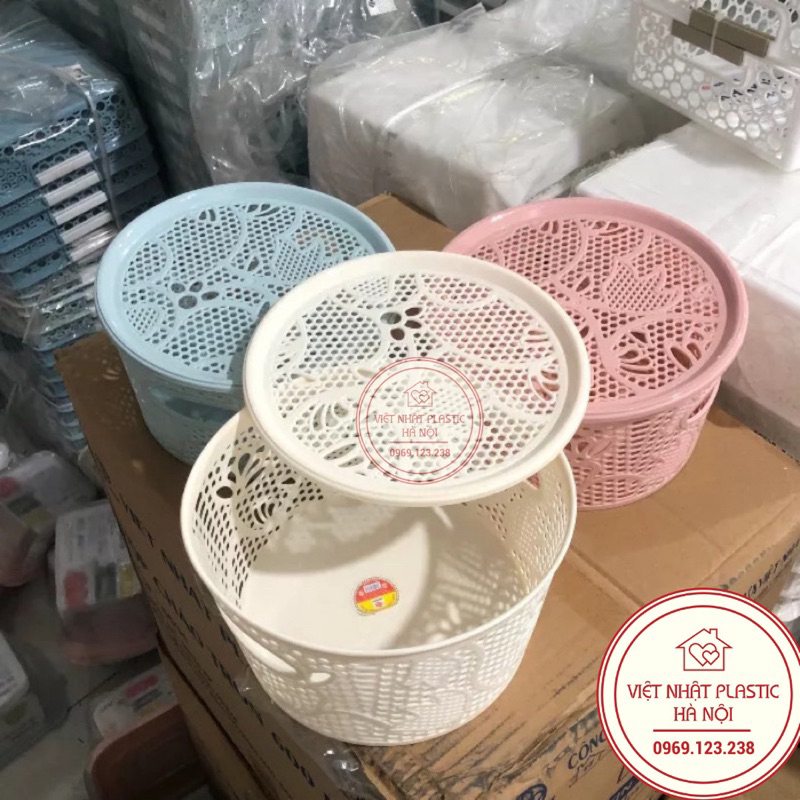 Rổ tròn có nắp nhựa Việt Nhật  phong cách Hàn Quốc đựng thức ăn rau, củ, quả. Tránh côn trùng, màu pastel