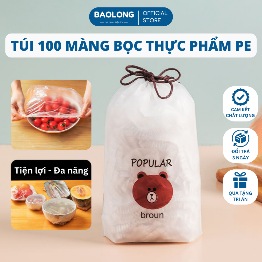 Màng Bọc Thực Phẩm PE Co Giãn, Loại To, Túi 100 Bọc Đồ Ăn Có Thun, Tái Sử Dụng Được, An Toàn Sức Khỏe |Gia Dụng Bảo Long
