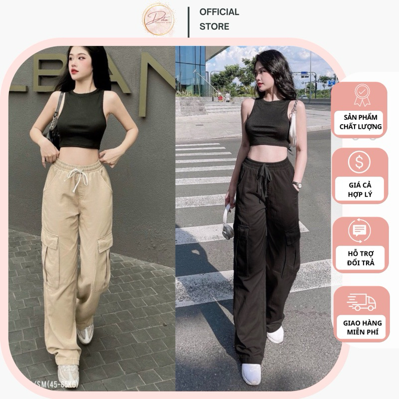 Quần kaki chun túi hộp dáng dài suông rộng cho nữ