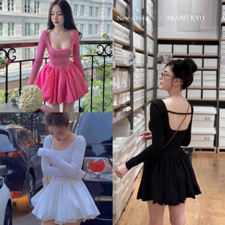 Đầm bí hở lưng cổ vuông kèm tang đá tay dài dáng ngắn siêu hot, from xoè hách dáng