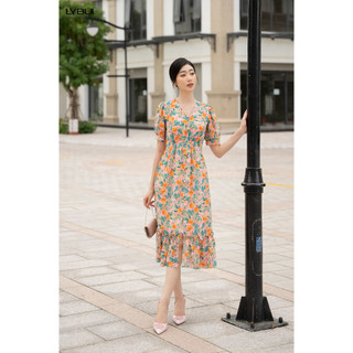 Váy hoa cổ v đuôi cá - cam xanh ly bui lvas039