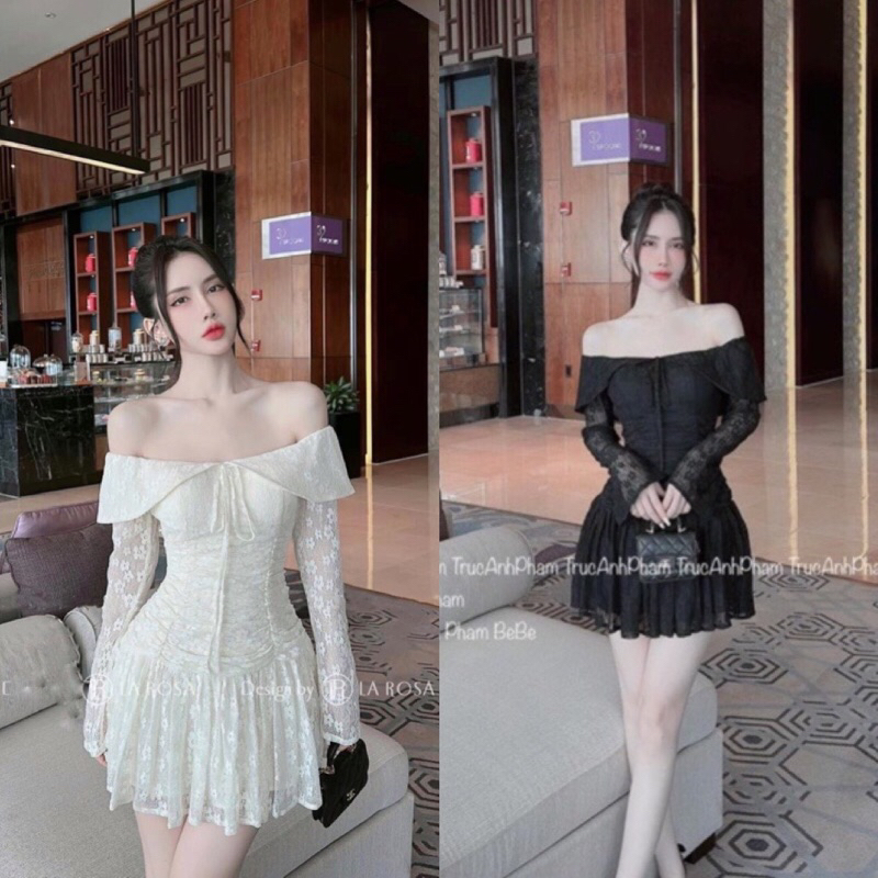 Váy ren tay dài cúp ngực trễ vai nhún hông đuôi cá sang chảnh