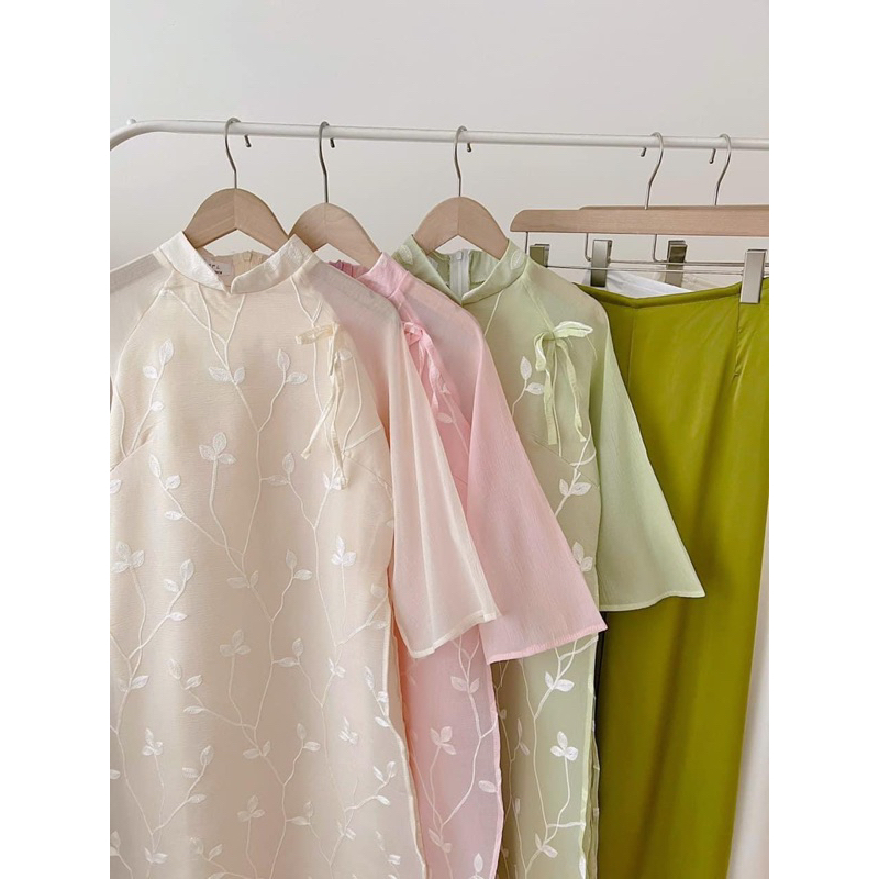 Set áo dài tơ vân mềm thêu lá 3 màu xinh xắn dịu dàng