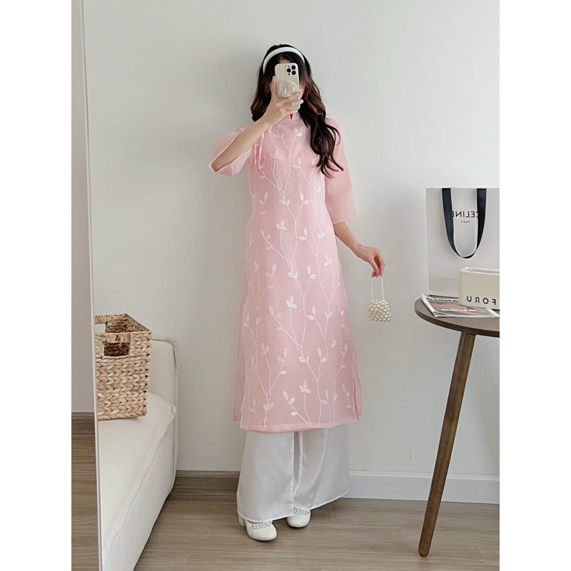 Set áo dài tơ vân mềm thêu lá 3 màu xinh xắn dịu dàng