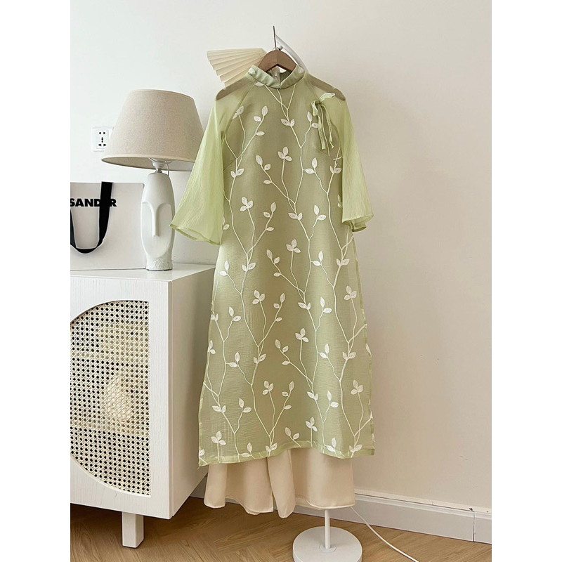 Set áo dài tơ vân mềm thêu lá 3 màu xinh xắn dịu dàng