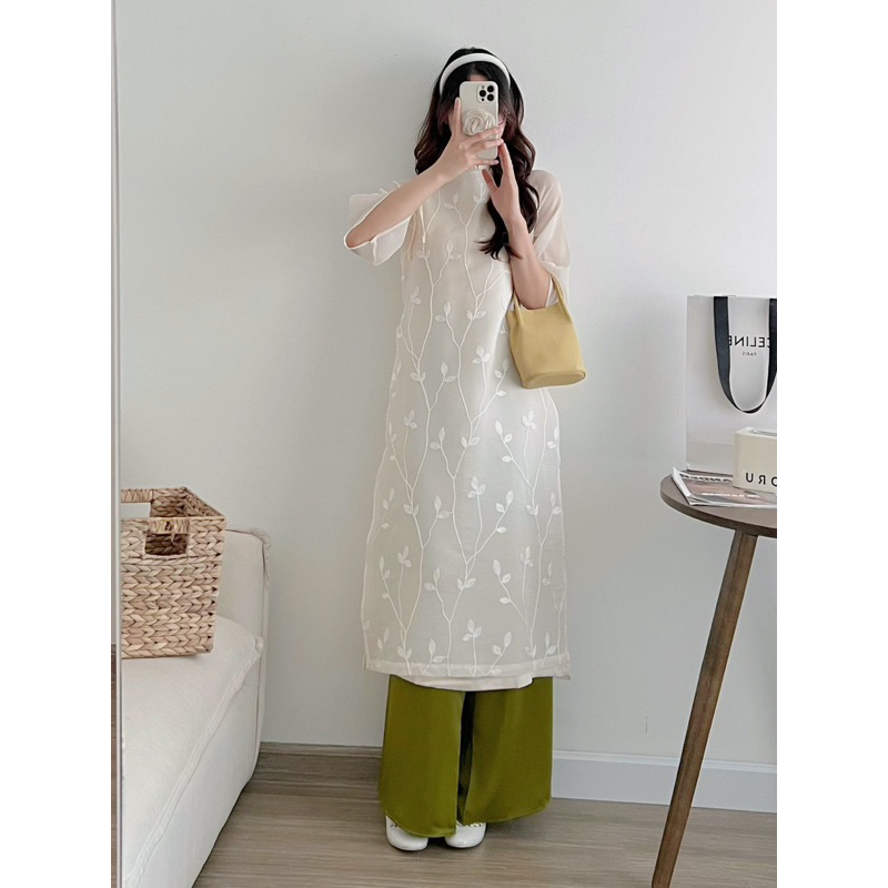 Set áo dài tơ vân mềm thêu lá 3 màu xinh xắn dịu dàng