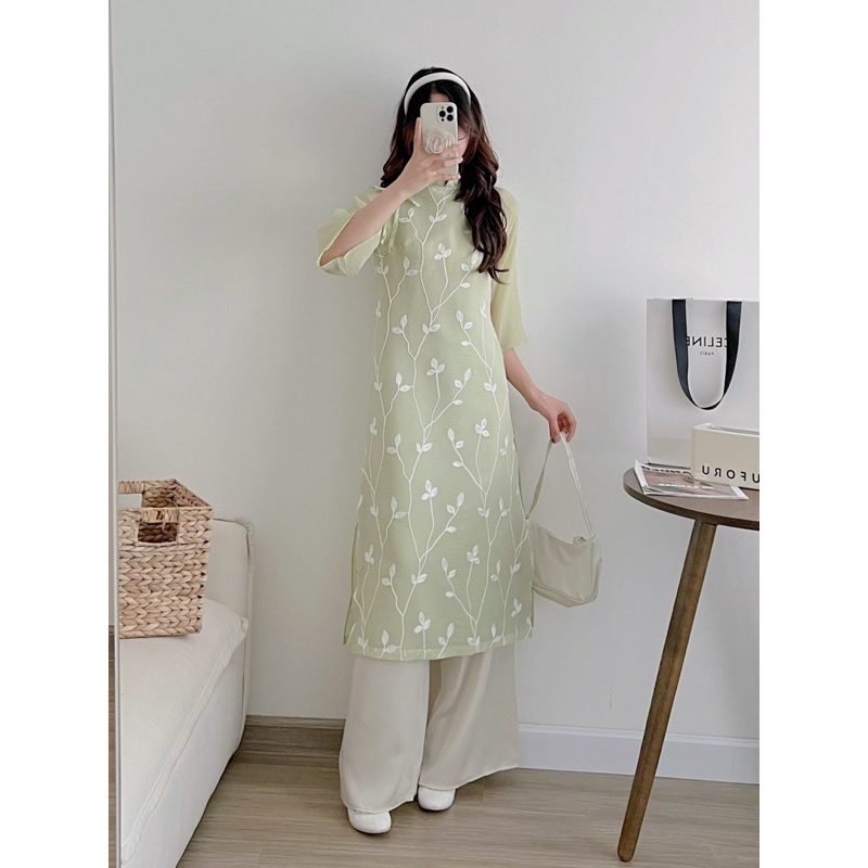Set áo dài tơ vân mềm thêu lá 3 màu xinh xắn dịu dàng