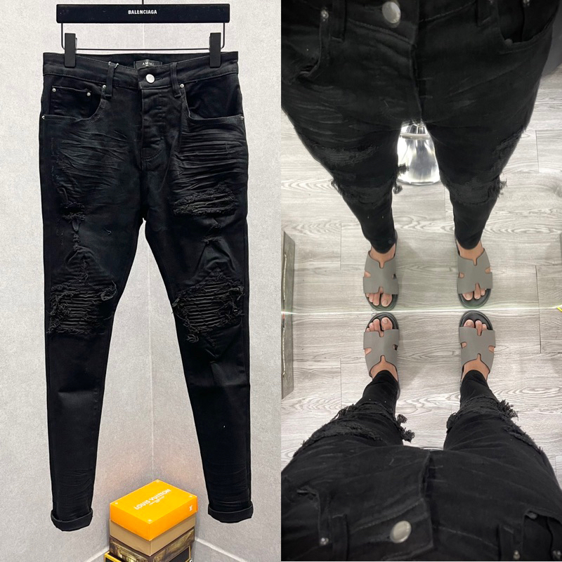 Quần jean bò nam Amiri skinny đen rách xù vá vải nhăn gân dập nhăn đùi 4 cúc chữ cao cấp boy phố QJ401P